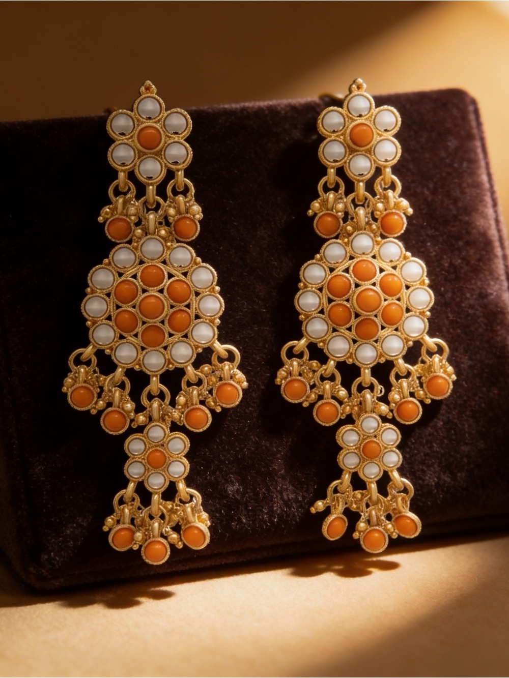 Gold Plated Kundan Polki Orange Dangler Earrings Indian Bridal Jewelry